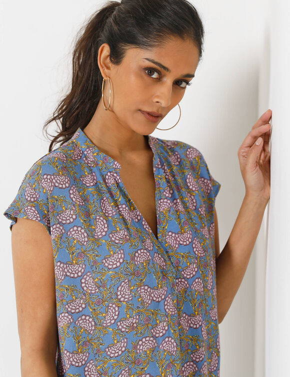 Blouse col tunisien sans manches, cr&eacute;pon (bleu / parme)