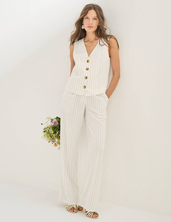 Veste style cafetier sans manches ray&eacute;e, viscose-lin (blanc cass&eacute;)