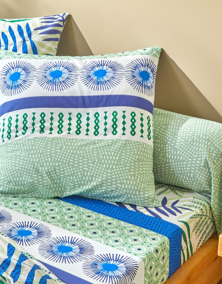Bedlinnen Adèle met grafische bladerenprint - katoen (blauw)
