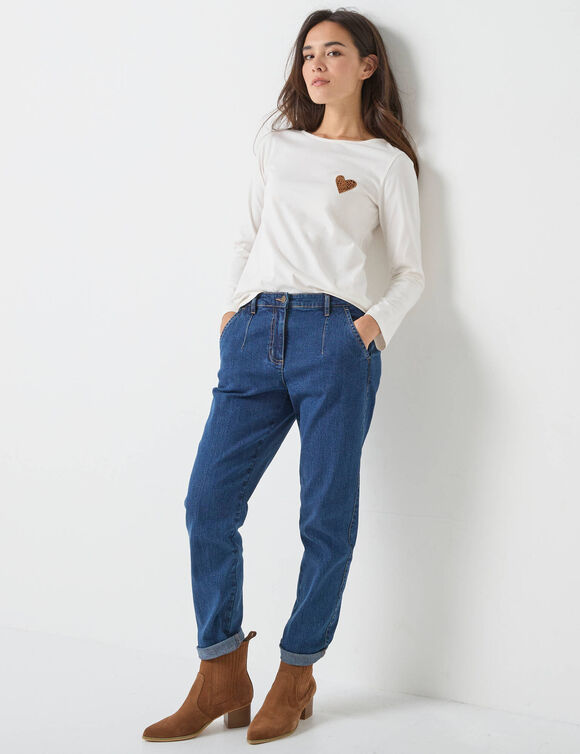 T-shirt marinière manches longues, brodé "cœur" uni ou imprimé léopard (écru / chocolat)