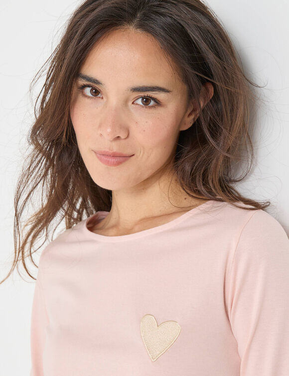T-shirt marinière manches longues, brodé "cœur" uni ou imprimé léopard (rose pâle)