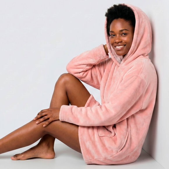 Hoodie-plaid in fleece met kap en sherpavoering (roze)