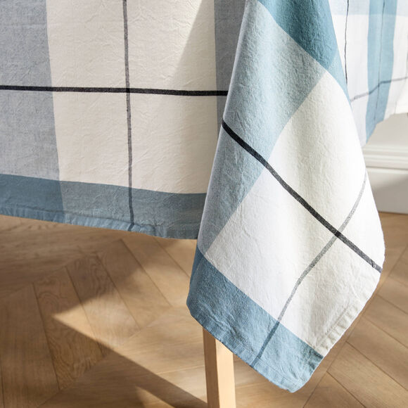 Nappe carreaux coton lin tiss&eacute; teint (bleu gris&eacute;)