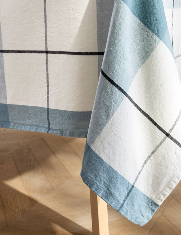 Nappe carreaux coton lin tiss&eacute; teint (bleu gris&eacute;)
