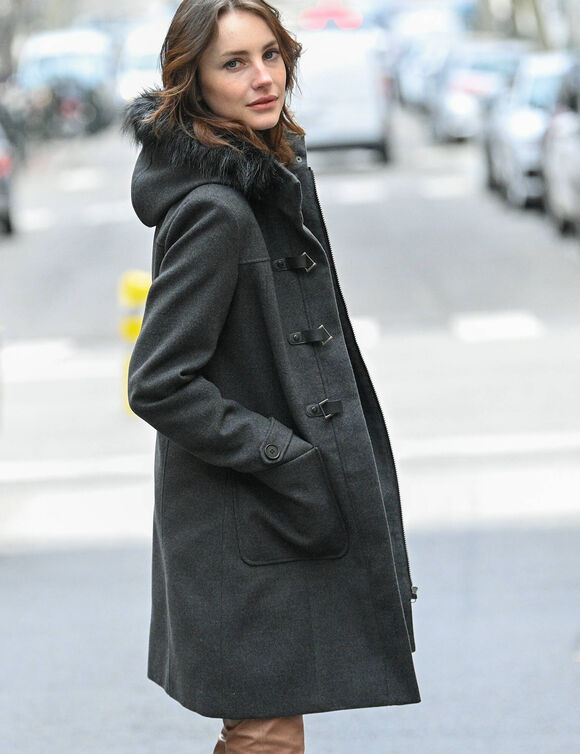 Duffle-coat capuche fausse fourrure uni (anthracite chiné)