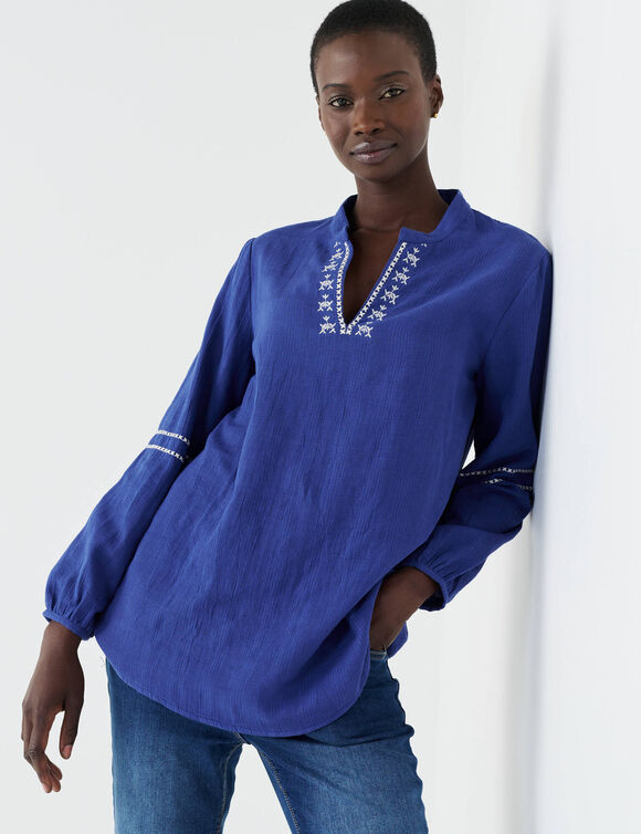 Geborduurde tuniek, Tunesische hals (felblauw / ecru)