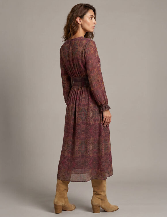 Robe longue boutonn&eacute;e imprim&eacute;e, taille smock&eacute;e (violet)