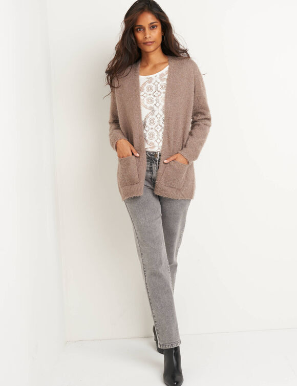 Gilet long, maille poilue (taupe)
