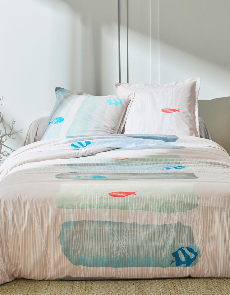 Linge de lit Aqua en coton imprimé poissons, bleu Linge de lit Aqua en coton imprimé poissons, bleu, hi-res image number 0
