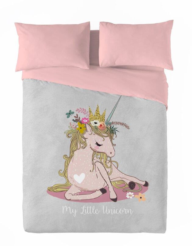 Couette microfibre enfant petite licorne 200 g/m² (gris / rose)