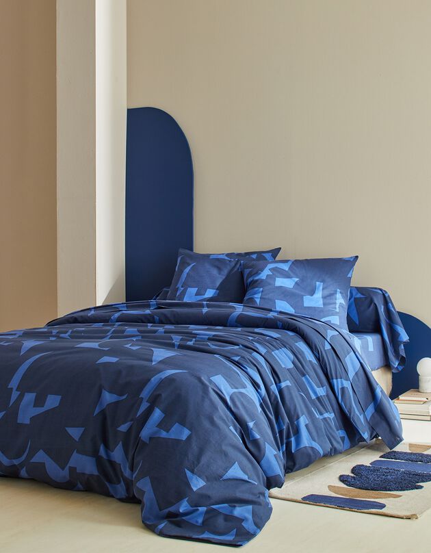 LInge de lit Puzzle en coton imprimé géométrique (bleu)