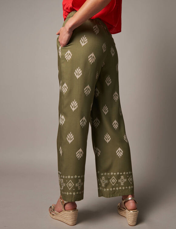 Pantalon large taille haute, viscose imprim&eacute;e (kaki / &eacute;cru)