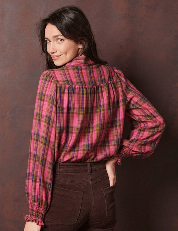 Blouse &agrave; lavalli&egrave;re manches longues, &agrave; carreaux (bordeaux / rose)
