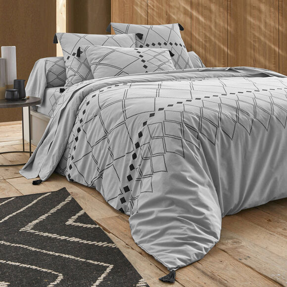 Linge de lit Massaï coton à motifs graphiques et finitions pompons (gris)