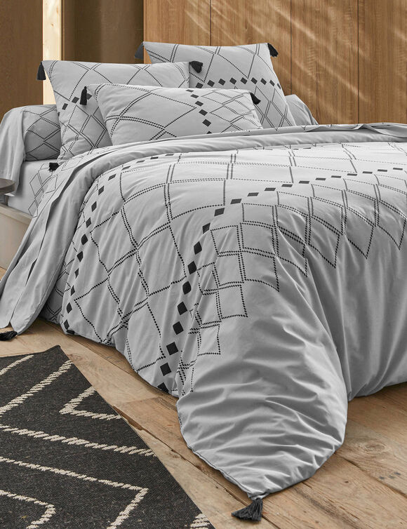 Bedlinnen Massai, in katoen met grafische motieven, afgewerkt met pompons (grijs)