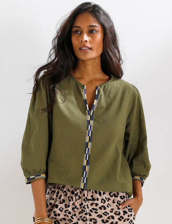 Blouse brod&eacute;e en coton unie, manches 3/4 (kaki fonc&eacute;)