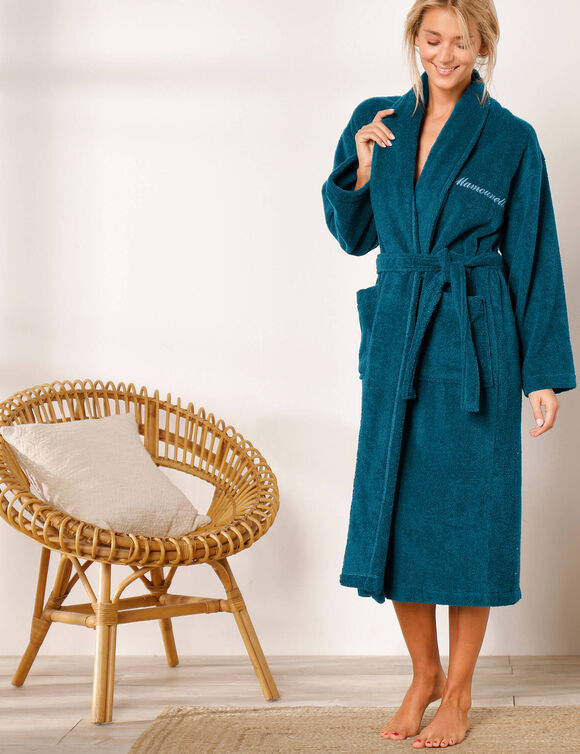Peignoir mixte adulte éponge bouclette col châle personnalisable (bleu paon)