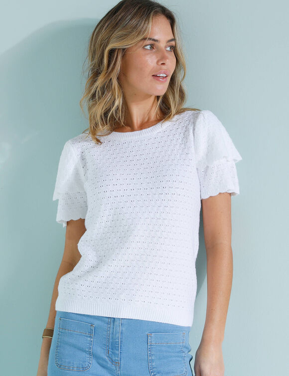 Pull manches courtes, maille fantaisie (blanc cassé)