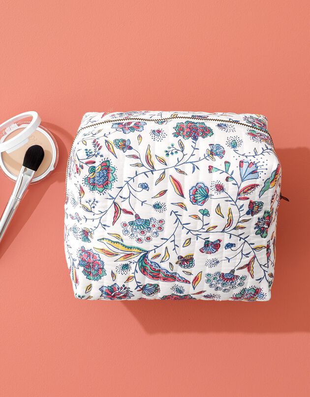 Gematelasseerde toilettas met rits en bloemenprint, Indian Summer (ecru / blauw)