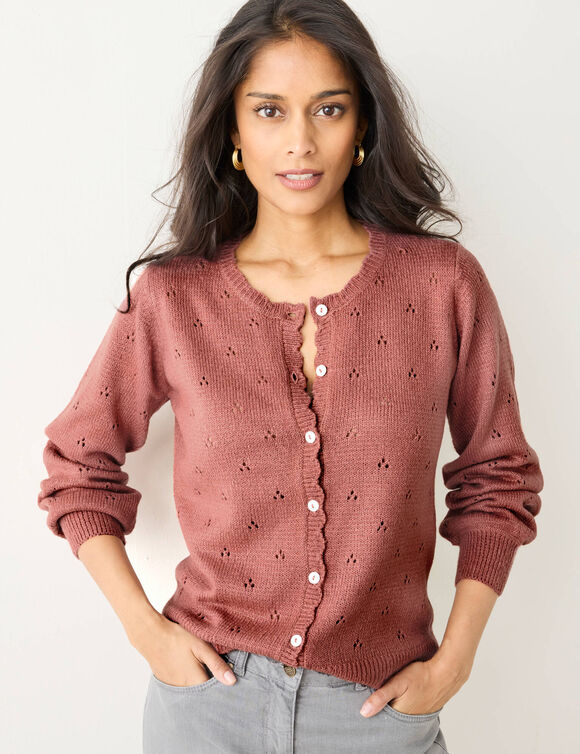 Gilet boutonn&eacute; finition &eacute;cailles, maille pointelle toucher doux (bois de rose)