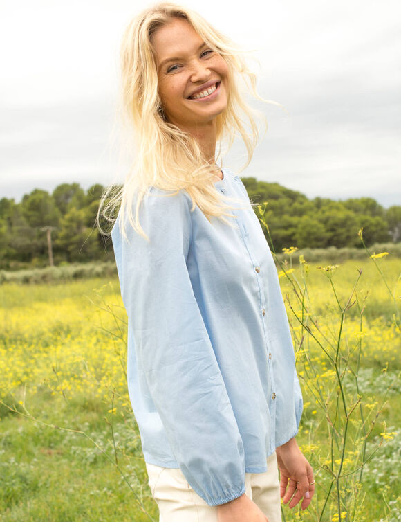 Chemisier uni col rond, manches longues blousantes (bleu)