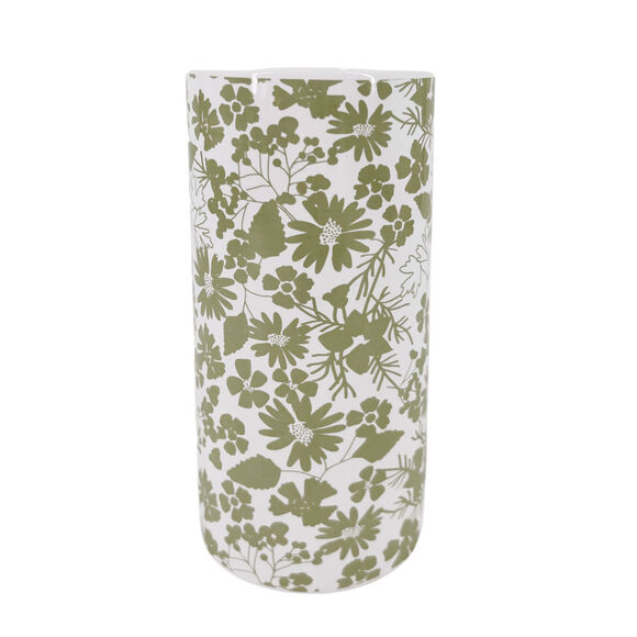 Vase c&eacute;ramique imprim&eacute; floral - hauteur 19,5 cm (blanc / vert)