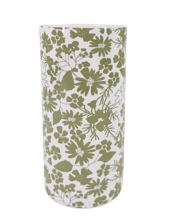 Vase c&eacute;ramique imprim&eacute; floral - hauteur 19,5 cm (blanc / vert)