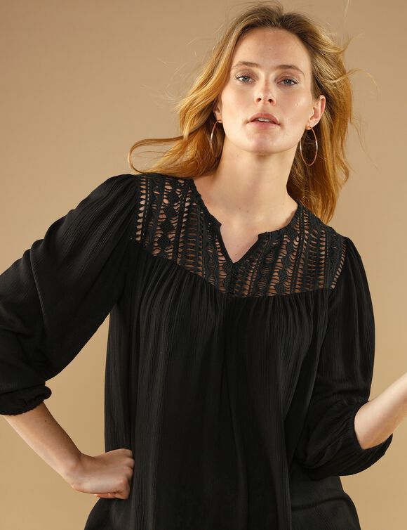Blouse macramé manches 3/4 (noir)