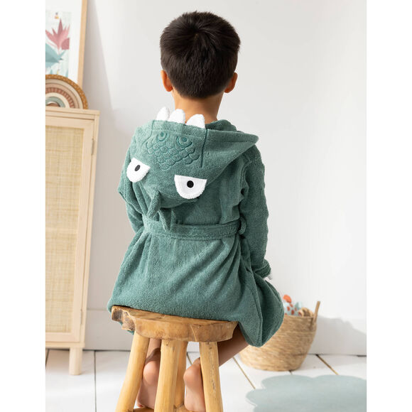 Kinderbadjas met capuchon met dinosaurusmotief - badstof 340 g/m&sup2; (eucalyptus)