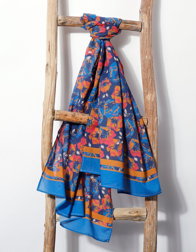 Foulard style chèche fabriqué en France imprimé fleuri, 160 x 70 cm  - coton (bleu rosé)