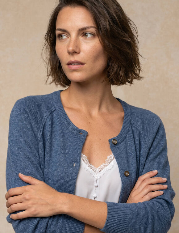 Gilet boutonn&eacute;, maille moelleuse en laine m&eacute;lang&eacute;e (bleu gris&eacute;)