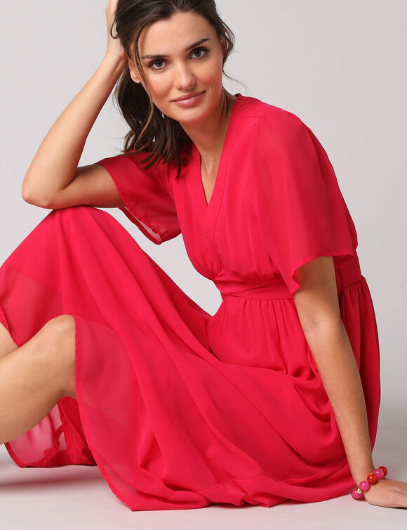 Robe longue volant&eacute;e unie, &agrave; manches courtes papillon (framboise)
