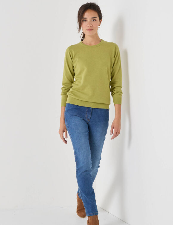 Pull col rond, laine d'agneau (vert mousse)