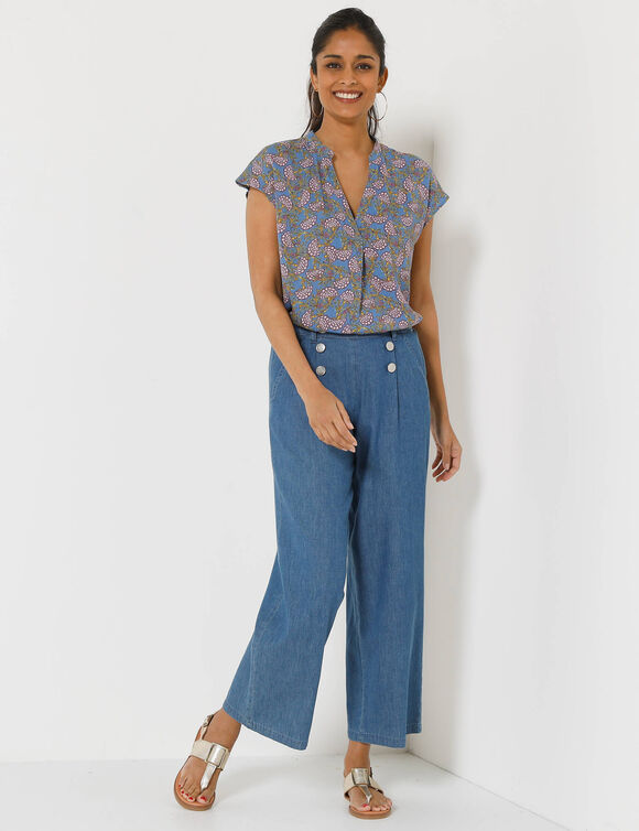 Blouse col tunisien sans manches, cr&eacute;pon (bleu / parme)