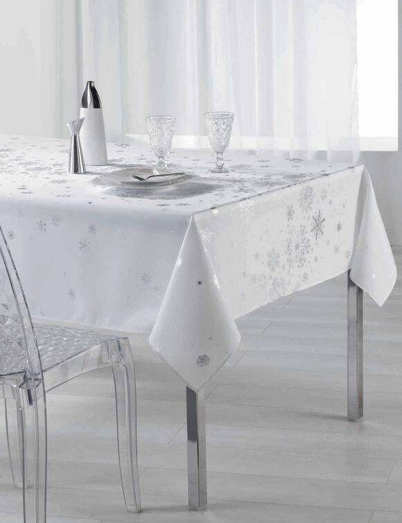  Tafellaken met zilverkleurige sneeuwvlokjesprint (wit / zilverkleurig)
