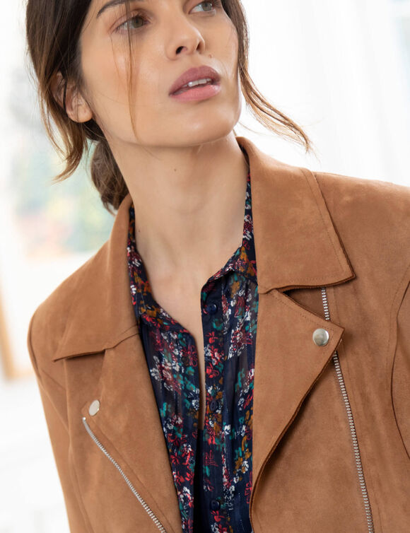 Blouson zippé col tailleur pressionné, suédine (caramel)