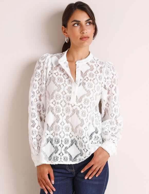 Blouse boutonnée unie dentelle graphique (écru)
