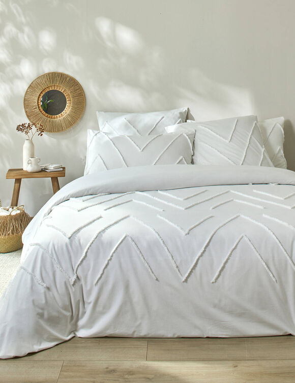 Linge de lit Amezia finition tuft&eacute; en relief - coton lav&eacute; 57 fils/cm&sup2; (blanc)