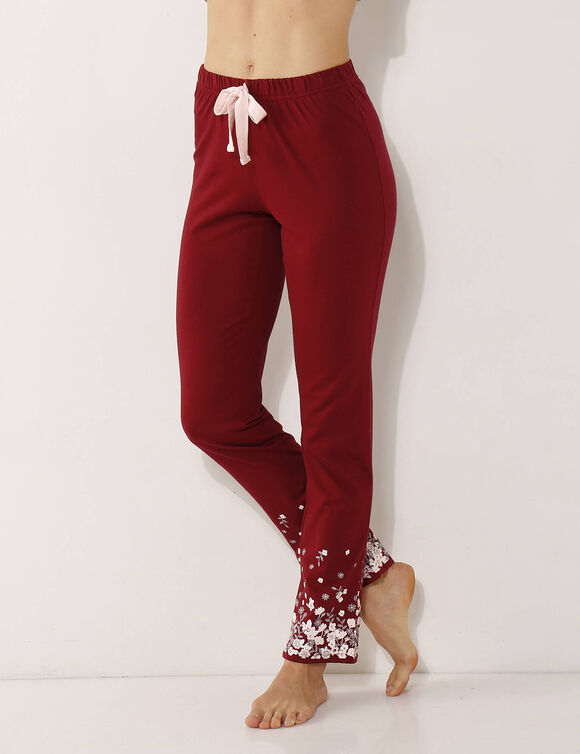 Broek met bloemenprint onderaan - katoenjersey (kersenrood)