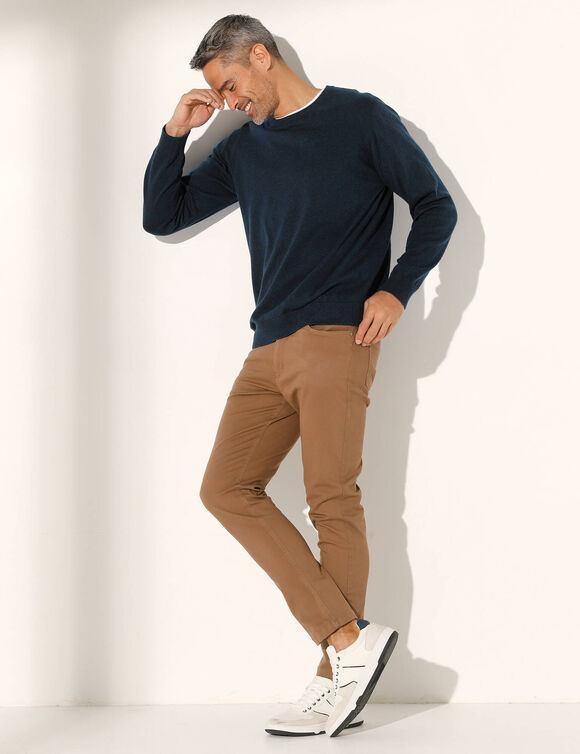 Pull pur coton col rond manches longues (marine chiné)