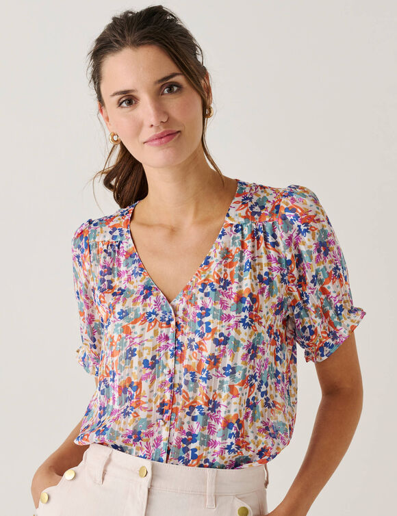 Chemisier boutonn&eacute; manches blousantes imprim&eacute;, voile jacquard (vert gris&eacute;)