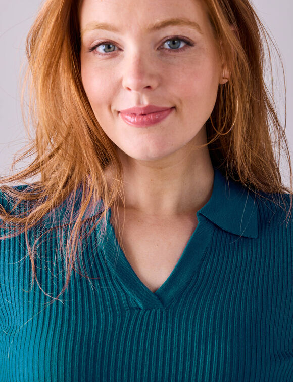 Pull col polo, maille côtelée (bleu canard)