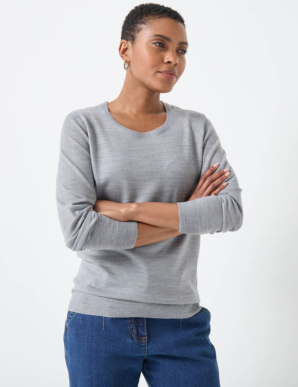 Pull col rond uni, manches longues, toucher doux (gris chiné)