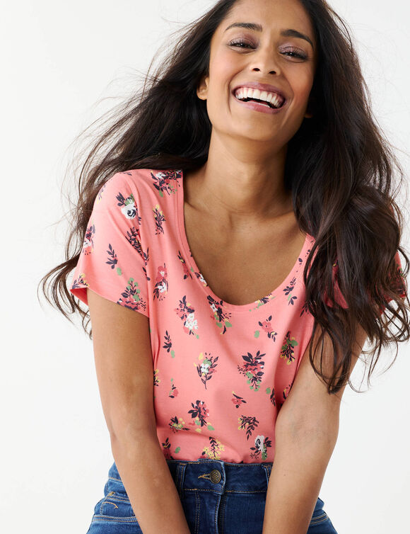 T-shirt col rond imprim&eacute; fleuri coton (corail)