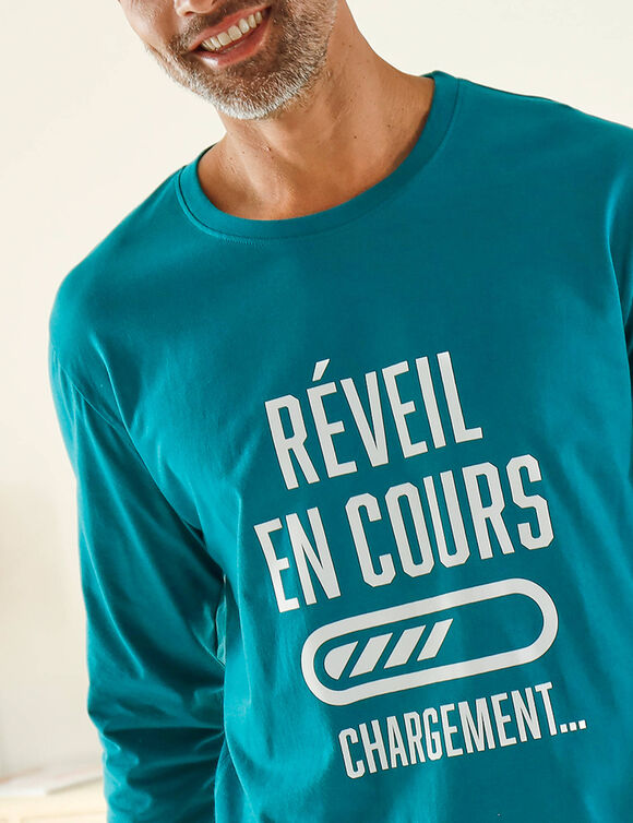 Pyjama col rond &agrave; message (bleu canard / marine)
