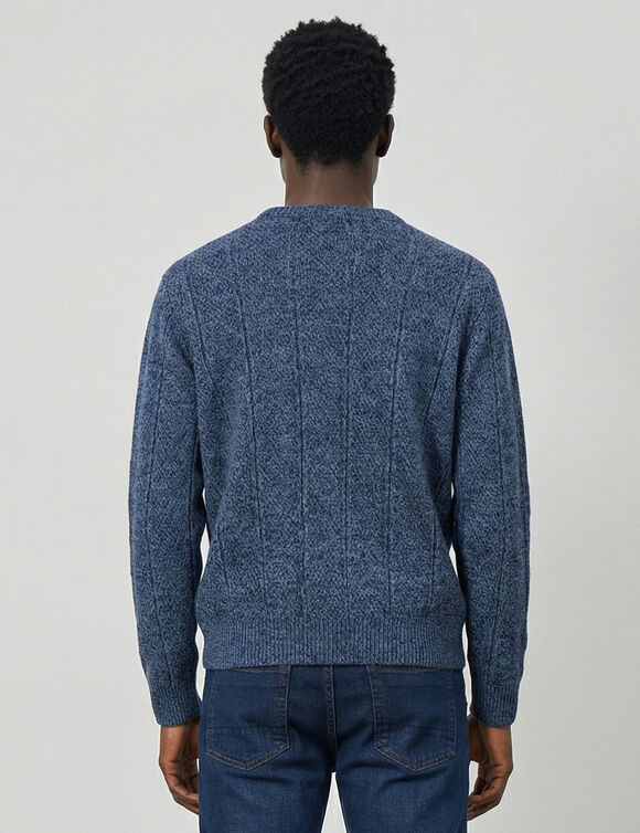 Kabeltrui met V-hals (gespikkeld blauw)