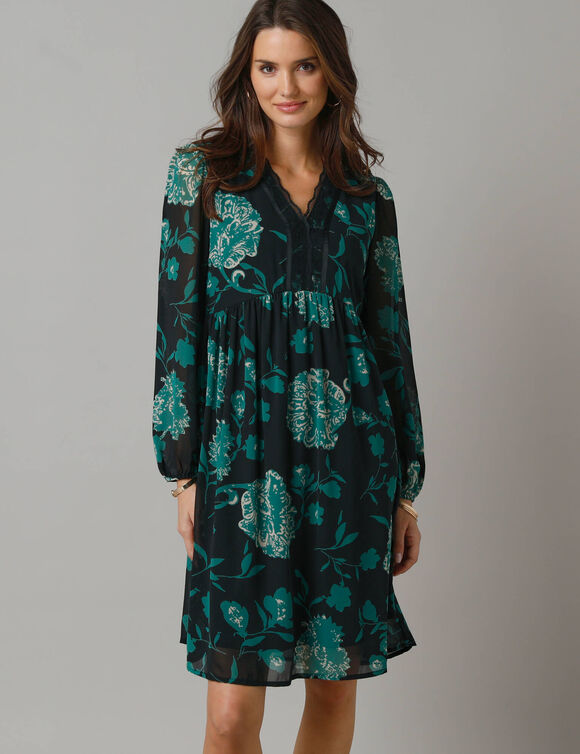 Robe évasée en voile fleuri, col V en dentelle (noir / vert)