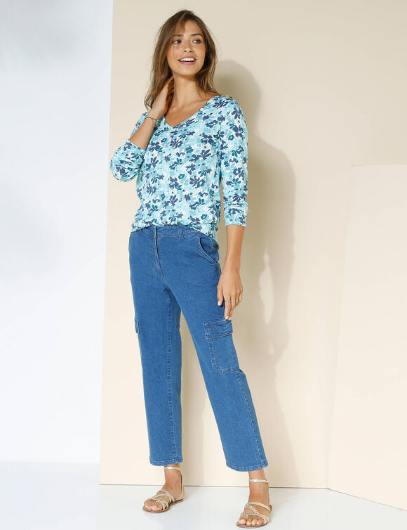 Pantalon cargo 7/8ème, jean stretch (stone)