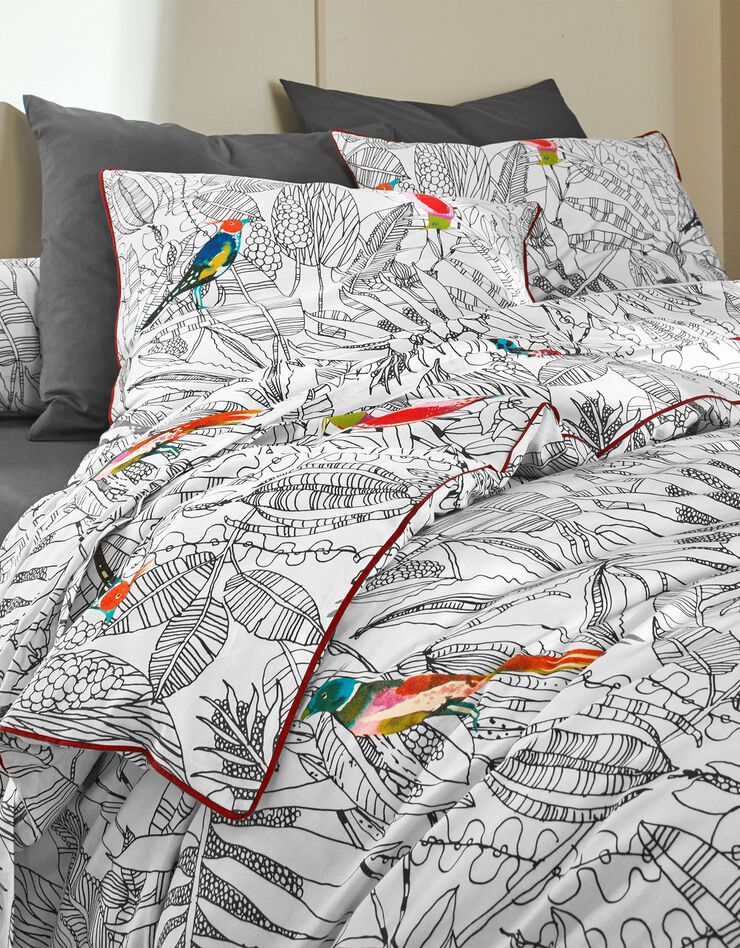 Linge de lit Diana en coton à motifs feuillage et oiseaux, blanc, hi-res image number 1