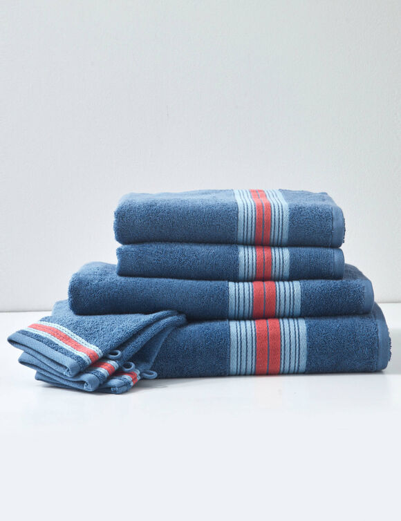 Collection serviettes de bain liteau rayures bayad&egrave;res - &eacute;ponge bouclette 420 gr/m&sup2; (bleu dur)